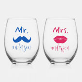 Mr & Mrs Mustache Lips Gepersonaliseerde bruiloft Wijnglas Zonder Voet (Voorkant)