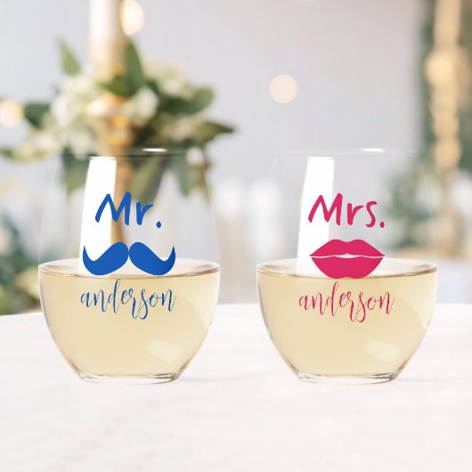 Mr & Mrs Mustache Lips Gepersonaliseerde bruiloft Wijnglas Zonder Voet (Insitu (Huwelijk))