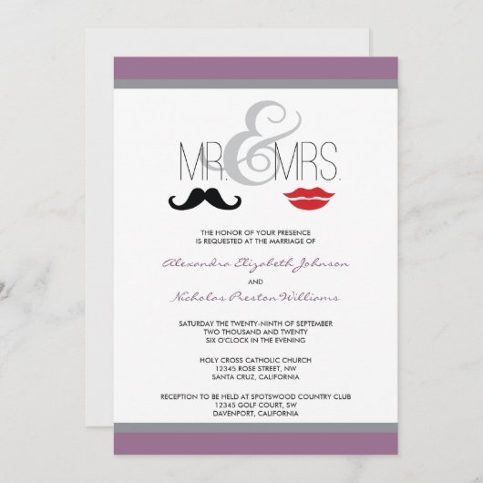Mr. & Mrs Mustache & Lipstick Wedding Invitation Kaart (Voorkant / Achterkant)
