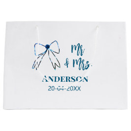 Mr & Mrs naam datum huwelijksgeschenk strik blauw  Groot Cadeauzakje