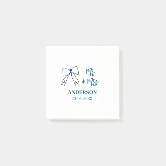 Mr & Mrs naam datum huwelijksgeschenk strik blauw Post-it® Notes (Voorkant)