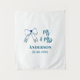 Mr & Mrs naam datum trouwfeest lint blauwe groene Wandkleed