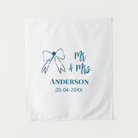 Mr & Mrs naam datum trouwfeest lint blauwe groene Wandkleed (Voorkant)