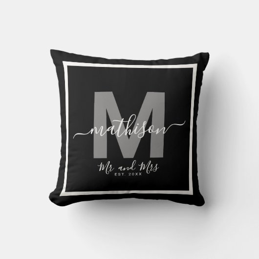 Mr Mrs Naam Zwarte Pas getrouwd Monogram Kussen (Voorkant)