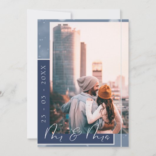 Mr & Mrs Navy Blue White Script Foto Save The Date (Voorkant)