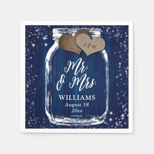 Mr & Mrs Navy Blue Wood Mason Jar Barn Wedding Servet (Voorkant)
