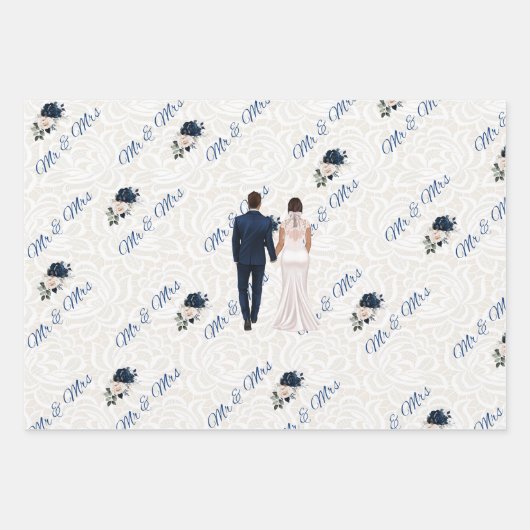 Mr & Mrs Navy Bruiloft inpakpapier (Voorkant)