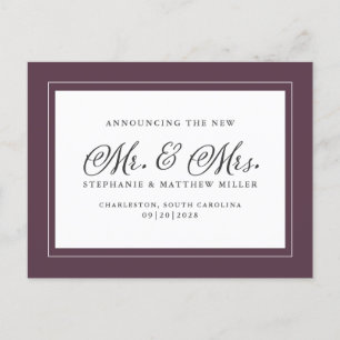 Mr & Mrs. Net getrouwd Elopement Paarse Elegant Uitnodiging Briefkaart