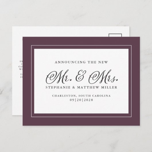 Mr & Mrs. Net getrouwd Elopement Paarse Elegant Uitnodiging Briefkaart (Voorkant / Achterkant)