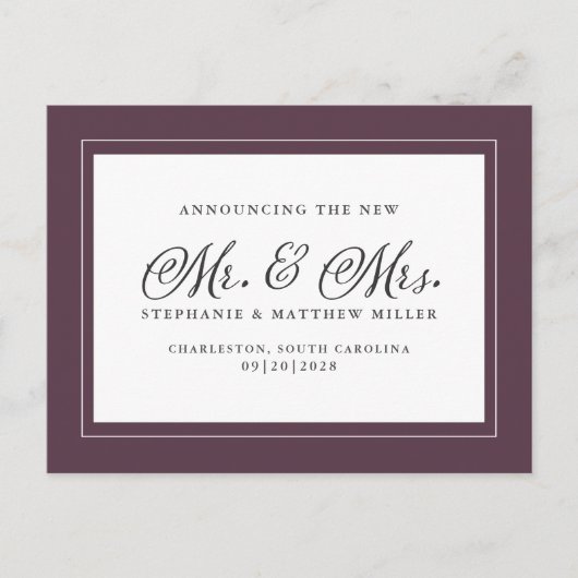 Mr & Mrs. Net getrouwd Elopement Paarse Elegant Uitnodiging Briefkaart (Voorkant)
