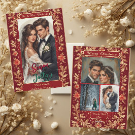 Mr & Mrs Newly Wed Christmas Gold Foliage 4 Photos Feestdagenkaart