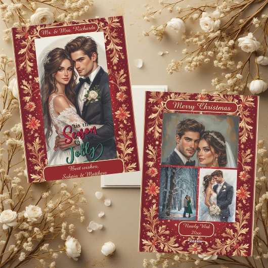 Mr & Mrs Newly Wed Christmas Gold Foliage 4 Photos Feestdagenkaart