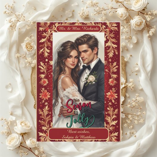 Mr & Mrs Newly Wed Christmas Gold Foliage 4 Photos Feestdagenkaart