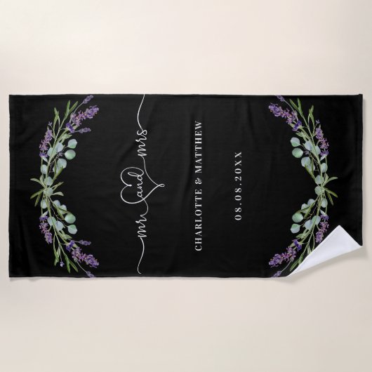 Mr. Mrs. Onlangs Trouwt Lavendel Zwart Bruiloft Strandlaken (Voorkant)