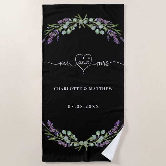 Mr. Mrs. Onlangs Trouwt Lavendel Zwart Bruiloft Strandlaken (Voorkant)