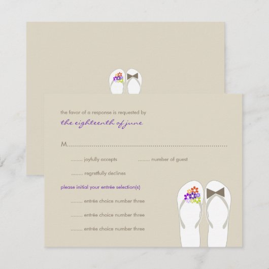 Mr & Mrs Paarse Teenslippers Beach bruiloft RSVP-k RSVP Kaartje (Voorkant / Achterkant)