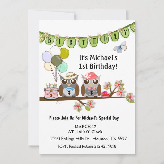 Mr & Mrs Party Uilen 1e Verjaardag uitnodiging (Voorkant)