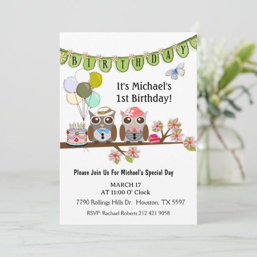 Mr & Mrs Party Uilen 1e Verjaardag uitnodiging (Staand voorkant)