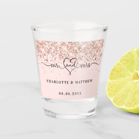 Mr mrs pasgetrouwd roze goud trouwfeest shot glas (Voorkant)