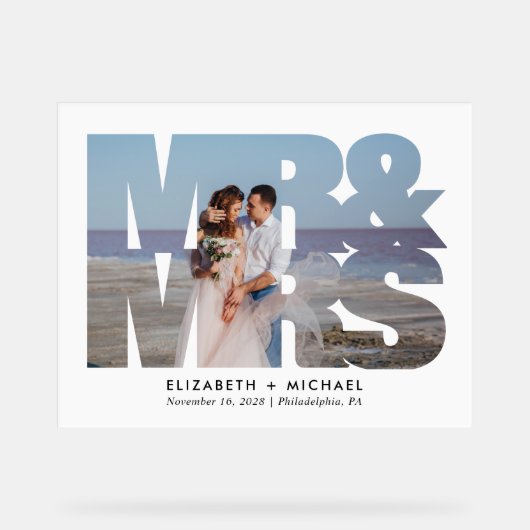 Mr. Mrs. Passen getrouwd Foto Bruiloft Wit Acryl Bord (Voorkant)