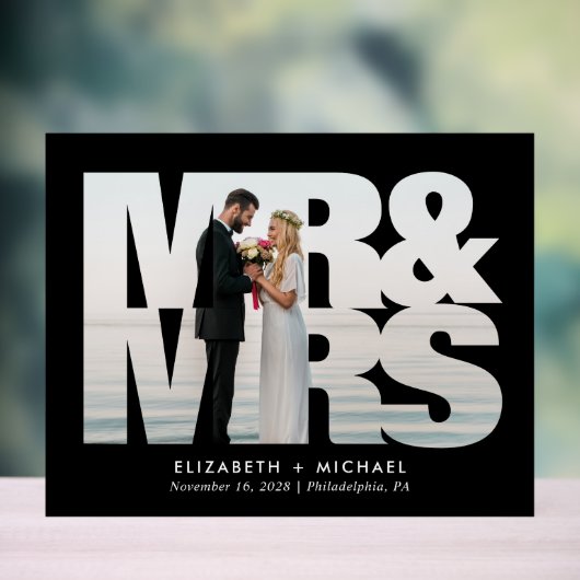 Mr. Mrs. Passen getrouwd Foto Bruiloft Zwart Acryl Bord (Neutraal)