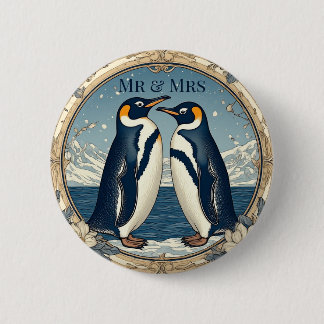 Mr & Mrs Penguin Couple Snow Winter Glacier Blue Ronde Button 5,7 Cm