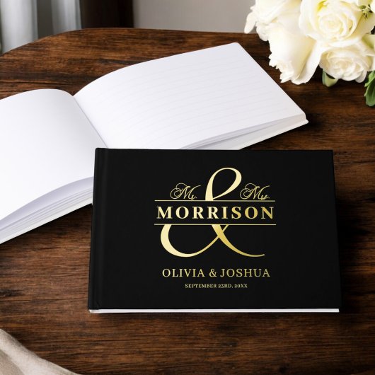 Mr. Mrs. Photo Black Elegant Modern Wedding Gold Gastenboek
