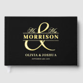 Mr. Mrs. Photo Black Elegant Modern Wedding Gold Gastenboek (Voorkant)