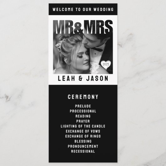 Mr & Mrs Photo Block Hart Zwart & Wit Trouwen Programmakaart (Voorkant)