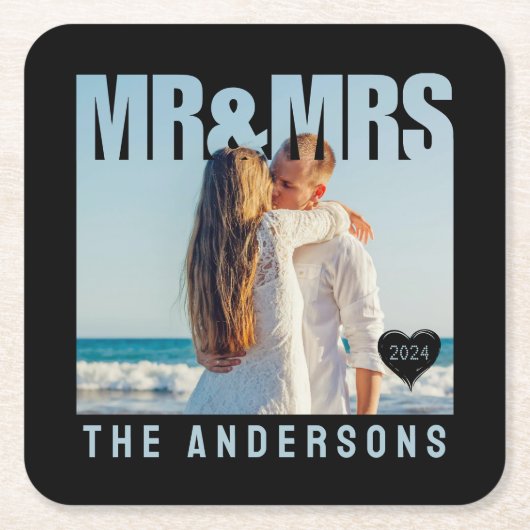 Mr & Mrs Photo Block Heart Jubileum Naam Kartonnen Onderzetters (Voorkant)