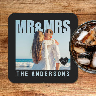 Mr & Mrs Photo Block Heart Jubileum Naam Kartonnen Onderzetters