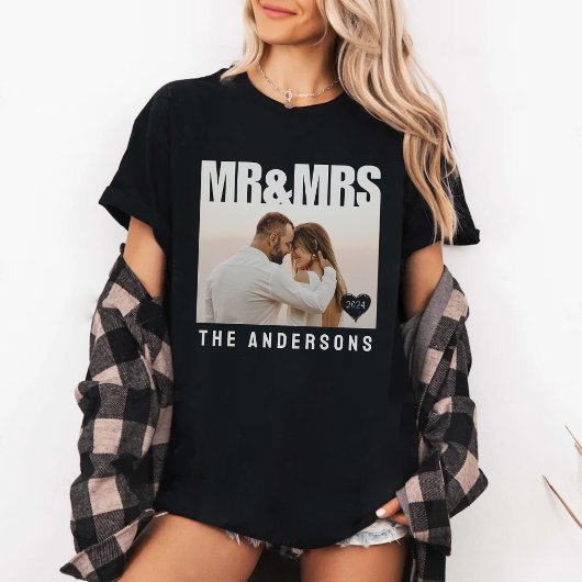 Mr & Mrs Photo Block Heart Jubileum Namen Zwart T-shirt