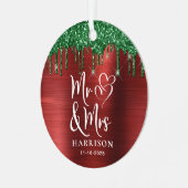 Mr Mrs Photo Red Green Glitter Pas getrouwd Christ Metalen Ornament (Voorkant links)