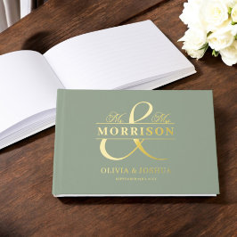 Mr. Mrs. Photo Sage Green Modern Wedding Gold Gastenboek