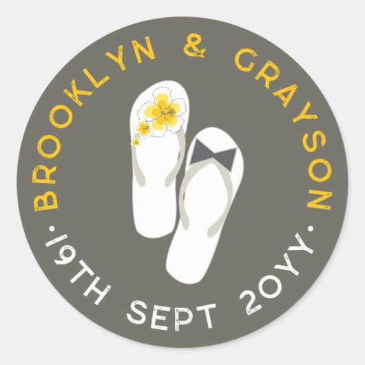 Mr & Mrs Pink Hibiscus Teenslippers Strand Bruilof Ronde Sticker (Voorkant)