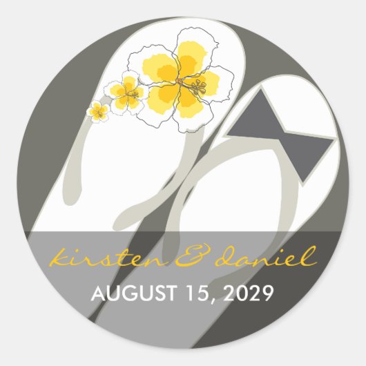 Mr & Mrs Pink Hibiscus Teenslippers Strand Bruilof Ronde Sticker (Voorkant)