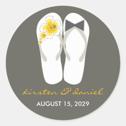 Mr & Mrs Pink Hibiscus Teenslippers Strand Bruilof Ronde Sticker (Voorkant)