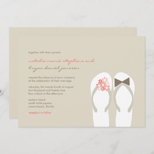 Mr & Mrs Pink Teenslippers Schattige Strand Bruilo Kaart (Voorkant / Achterkant)