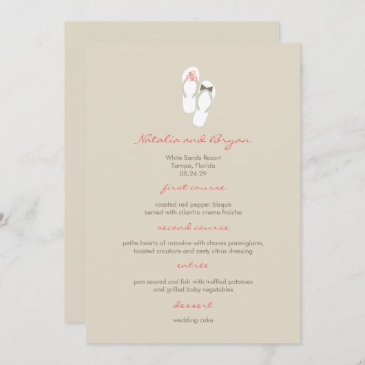 Mr & Mrs Pink Teenslippers Strand Bruiloft Menu Ka (Voorkant / Achterkant)