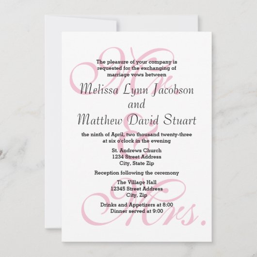 Mr. & Mrs Pink - Wedding & Reception Invitation Kaart (Voorkant)