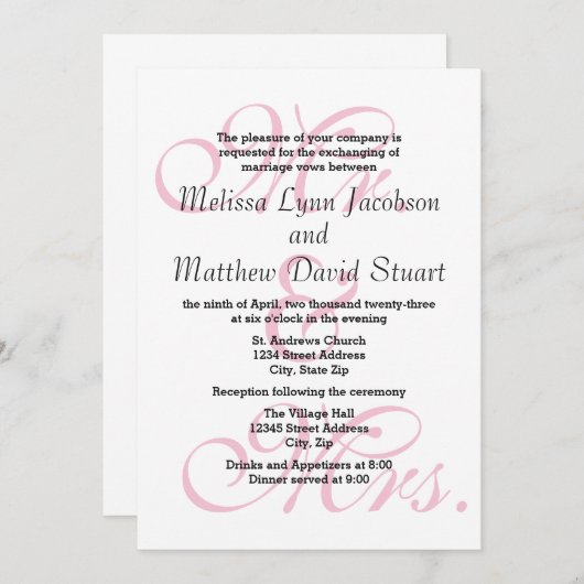 Mr. & Mrs Pink - Wedding & Reception Invitation Kaart (Voorkant / Achterkant)