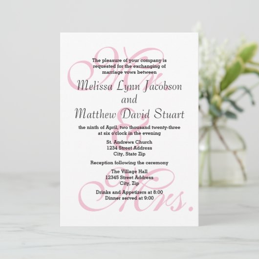 Mr. & Mrs Pink - Wedding & Reception Invitation Kaart (Staand voorkant)