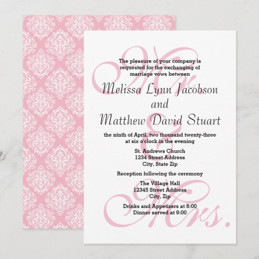 Mr. & Mrs Pink - Wedding & Reception Invitation Kaart (Voorkant / Achterkant)