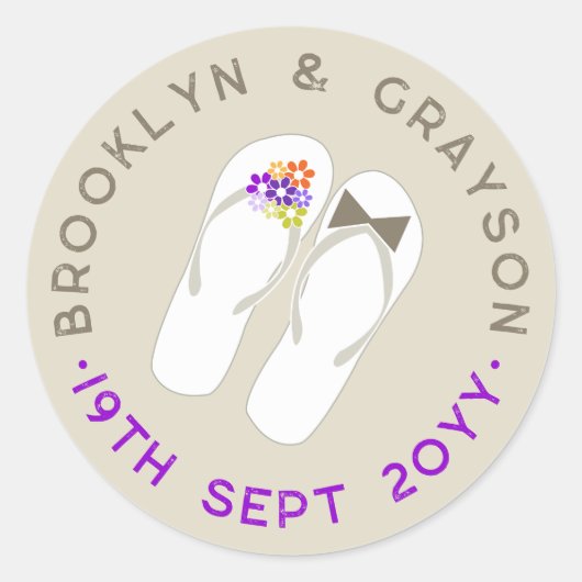 Mr & Mrs Purple Flowers Teenslippers Strand Bruilo Ronde Sticker (Voorkant)