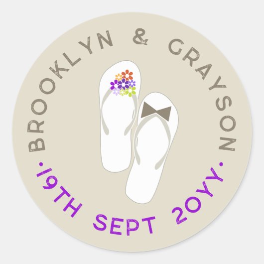 Mr & Mrs Purple Flowers Teenslippers Strand Bruilo Ronde Sticker (Voorkant)