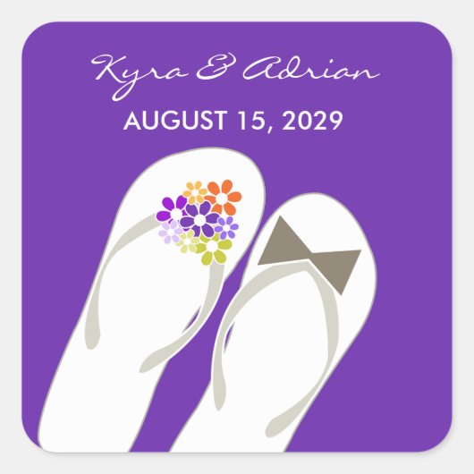 Mr & Mrs Purple Flowers Teenslippers Strand Bruilo Vierkante Sticker (Voorkant)