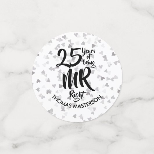 Mr. Mrs. Right Fun 25e Jubileum Silver Hearts Confetti (Kleine voorkant)