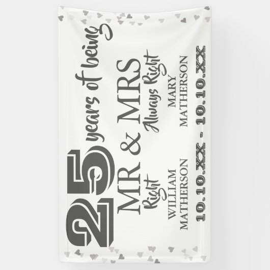 Mr. Mrs. Right Fun 25e Jubileum Silver Hearts Spandoek (Verticaal)