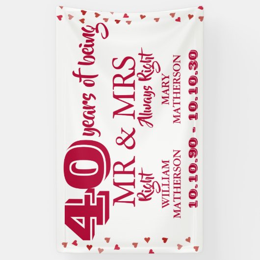 Mr. Mrs. Right Fun 40e Jubileum Ruby Hearts Spandoek (Verticaal)