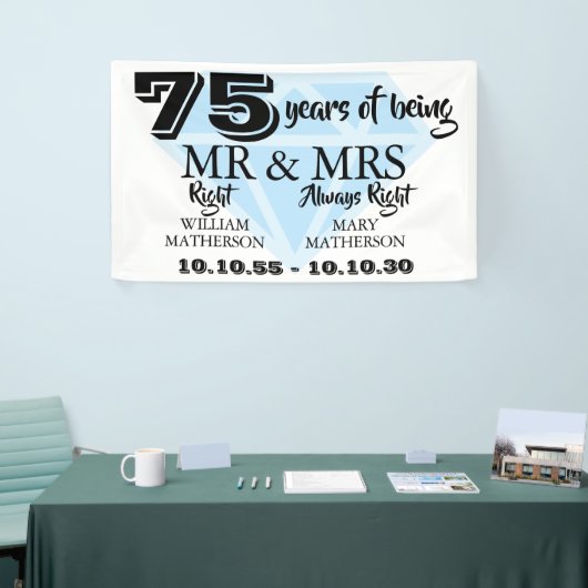 Mr. Mrs. Right Fun Diamond 75e bruiloft Jubileum Spandoek (Beurs)